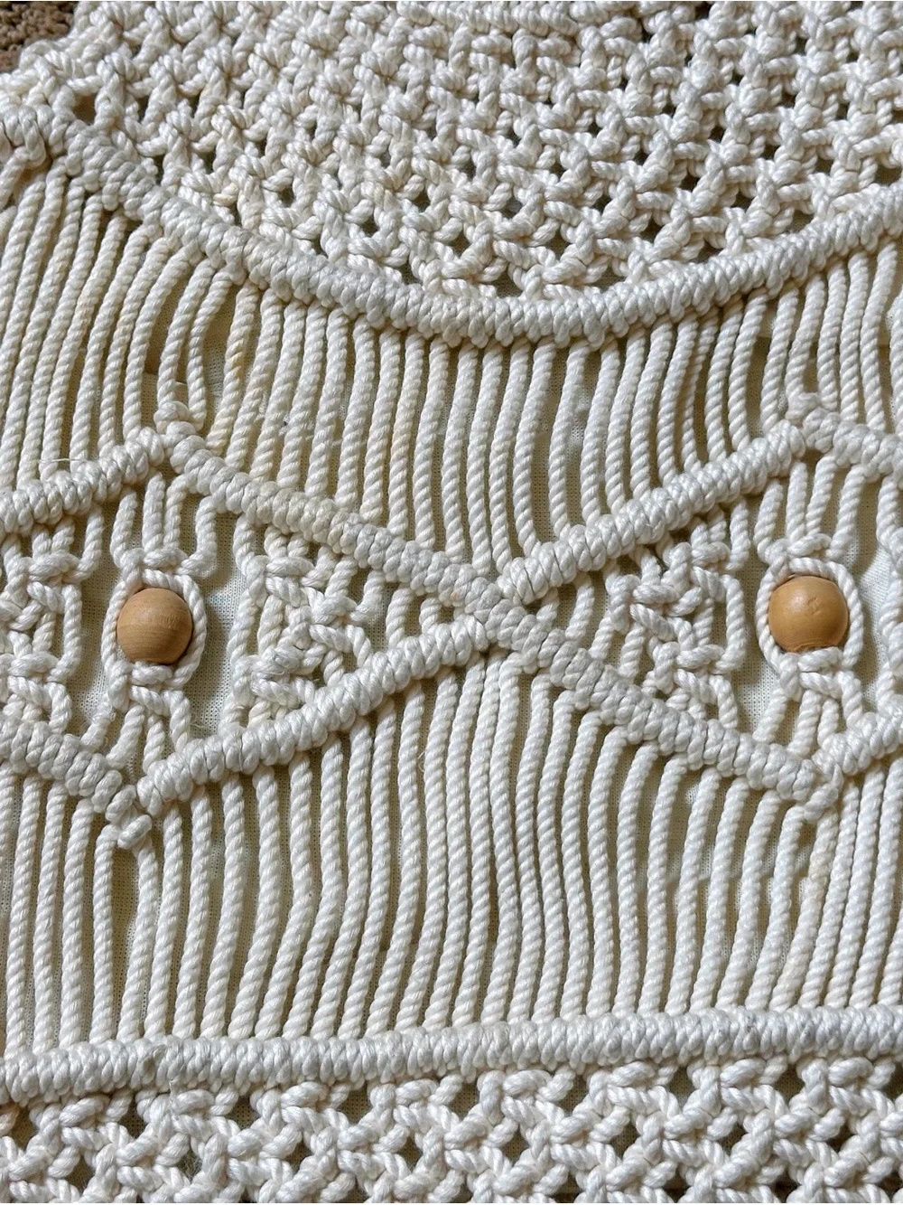 Boho Macramé purse with Wooden Ring handles - Cream